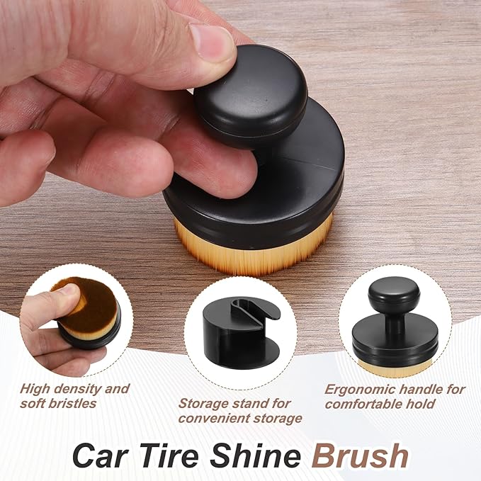 HARFINGTON 3 Pcs Car Tire Shine Applicator Brush PBT Automotive Tire Dressing Brush Car Cleaning Duster with Storage Stand for Auto Detailing Cleaning, Yellow/Brown