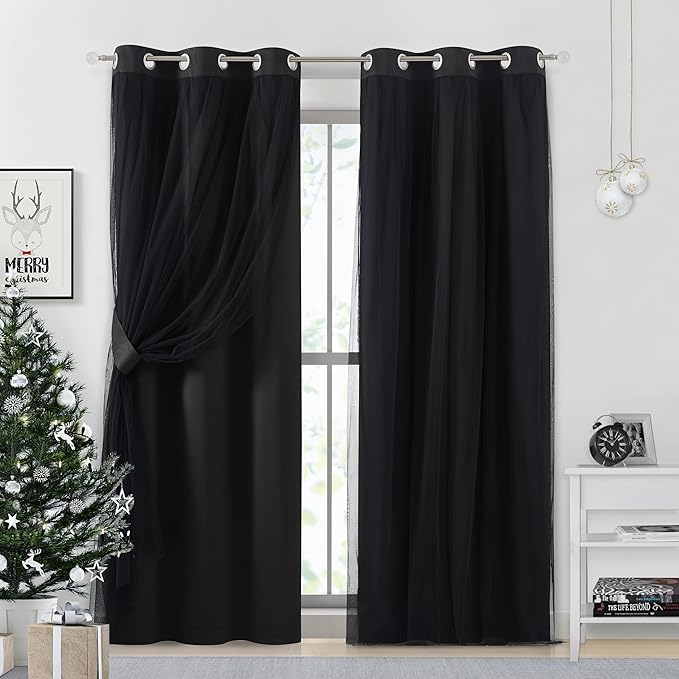 Bujasso Black Full Blackout Curtains with Sheer Overlay Mix and Match Double Layer Thermal Insulated Window Panels 84 inch for Living Room Bedroom Black Drapes with Tiebacks Grommet Top 37" Wx84 Lx2
