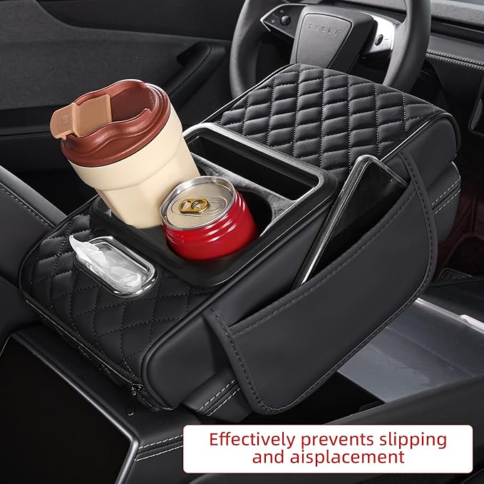 5 in 1 Car Center Console Cover, Armrest Pad with 2 Storage Pockets, Cup Holder, Tissue Box Slot, Phone Holder, Universal Car Interior Organizer (Black)