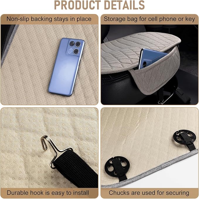 3 PCS Linen Car Seat Covers with Storage Pocket, Back Seat Covers Protectors with Non-Slip, Breathable Bench Seat Covers Universal Fit for SUVs, Cars, Trucks (Beige)