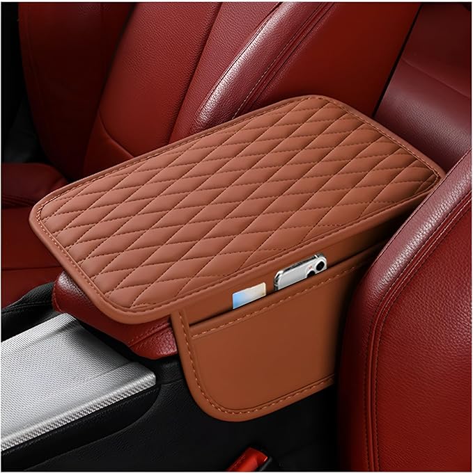 Car Center Console Cover, Leather Vehicle Armrest Seat Box Cushion Pad with Storage Bags, Waterproof Automotive Middle Console Protector, Universal for SUV RV Truck (Brown)