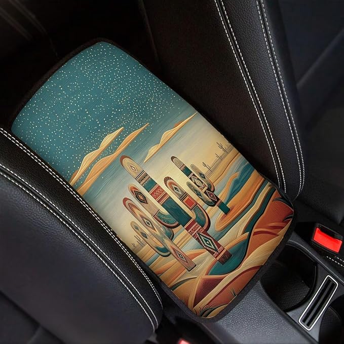 Dreaweet Western Cactus Arm Rest Cover for Car Universal Fit Southwestern Navajo Tribal Center Console Cover Scratch & Slip Resistant Armrest Cover for Car Truck SUV Sedan