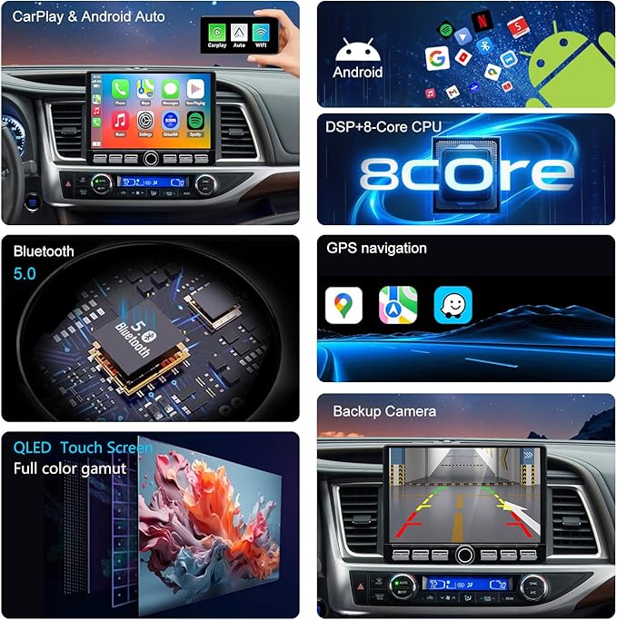 4G LTE QLED Radio for Toyota Highlander 2014 2015 2016 2017 2018 2019 Upgrade,8-Core CPU Touch Screen Stereo,Wireless CarPlay & Android Auto,Support OEM SWC and Camera