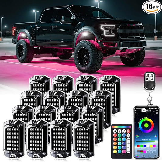 16 Pods RGB LED Rock Lights for Trucks Offroad Pickup Trailer Sedan SUV Cars, Waterproof Multicolor Neon Underglow Kit with Bluetooth APP/RF Remote, Vehicle Accent Underbody Light Underneath 12V