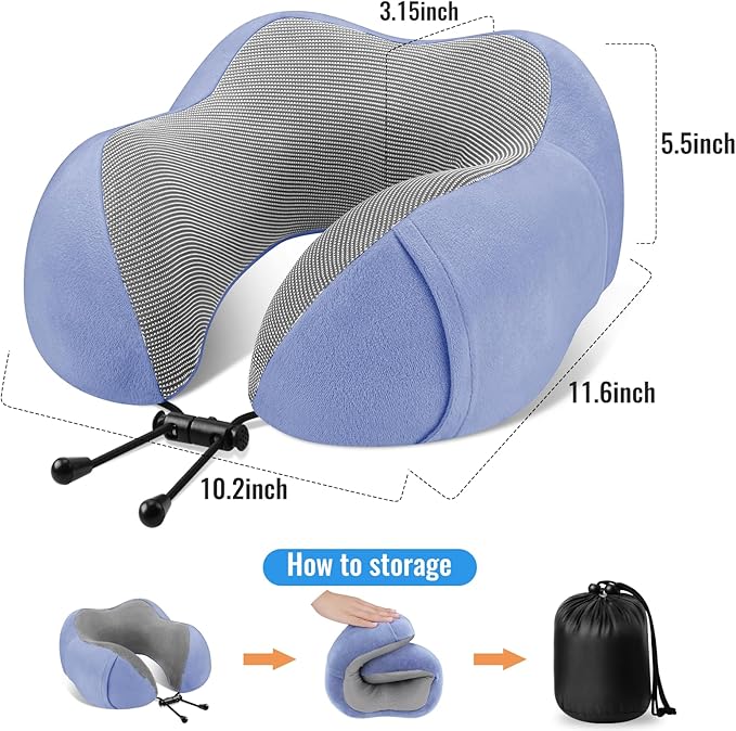 CloudBliss Travel Pillow Premium Memory Foam, Comfortable & Supportive Neck Pillow, Sleeping Neck Pillows for Travel, Airplane Pillow for Sleeping Airplane, Car, Office and Home（Blue）