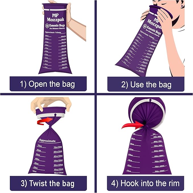 MP MOZZPAK Vomit Bags Disposable 35 Pack - 1000ml Emesis Bags, Leak-Proof Barf Bag, Travel Friendly Puke & Nausea Bag for Motion Sickness, Medical Grade Throw up Relief for Car, Airplane, & Road Trip