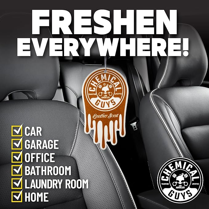 Chemical Guys Hanging Air Fresheners - Leather Scent for Cars, Trucks, SUVs, RVs, Home, Office, Work, Dorm Room, & More - 12 Pack - AIR40904