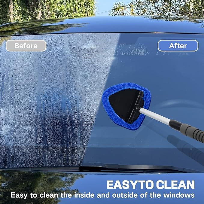 9PCS Windshield Cleaning Tool, 180° Rotating Extendable Car Window Cleaner, Auto Glass Wiper Kit Includes 6 Reusable Microfiber Pads, 1 Spray Bottle, 1 Air Conditioning Brush