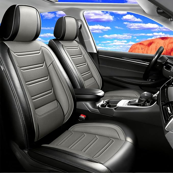 Fit Malibu Car Seat Covers for Chevrolet/Chevy Malibu 2009-2025, Full Coverage Leather, Airbag Compatible, Waterproof All Weather Breathable Seat Cushion Protector, Full Set, Black+Gray