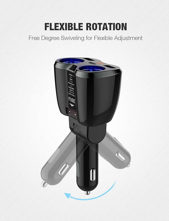 Otium USB C Car Charger, 2 Sockets Cigarette Lighter Splitter 12/24V 80W Dual USB Type-C Ports Separate Switch LED Voltage Display Built-in Replaceable 10A Fuse Compatible Mobile Phone GPS Dash Cam