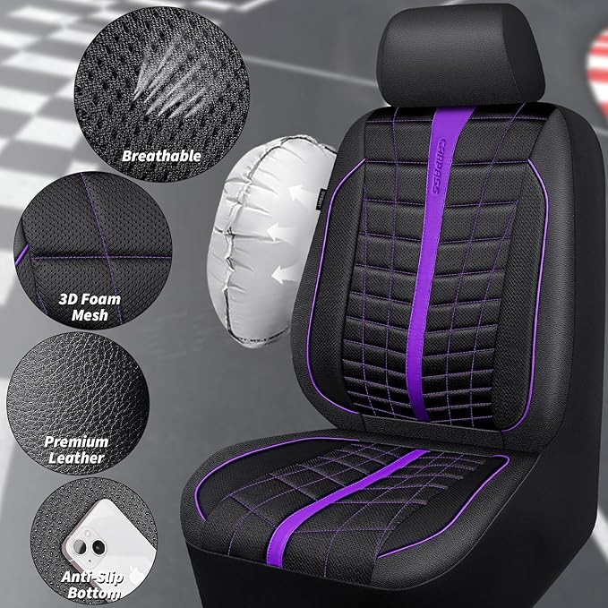 CAR PASS 3D Air Mesh Seat Covers for Car, Leather Car Seat Cover Front Seats, Breathable Foam Premium Leather Mesh Front Seat Covers Universal Fit for Cars Sedans Trucks Vans SUVs, Black Purple