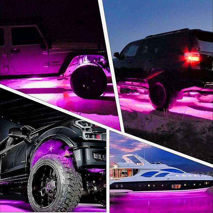 Purple Pink LED Rock Lights with 4 Pods Neon 12V Underglow Underbody Kit Crawler Crawling Dome Exterior Wheel Lamp Compatible for ATV RZR UTV SUV Off-Road Auto Boat Motorcycle Trail Rig Fender