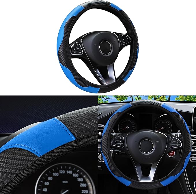 Car Steering Wheel Cover, 15 inch Carbon Fiber Microfiber Anti-Slip Breathable PU Leather Elastic Steering Wheel Protector, Car Interior Accessories for Most Cars (Blue)