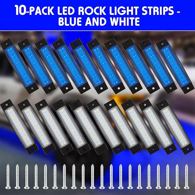 Treela 20 Pcs Car Rock Strip Lights Underglow Wheel Well Lighting Kits Exterior Waterproof LED Truck Lights for Golf Cart ATV RV Offroad UTV Snowmobile, Blue and White