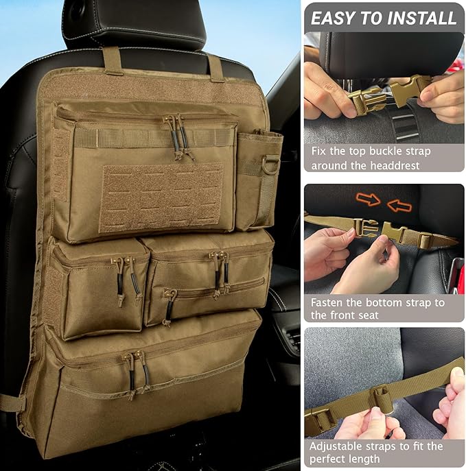 Tactical Seat Back Organizer Heavy Duty MOLLE Panel Organizer with Multiple Pockets & Hook Loop Panel for EDC Gear, Road Trip Essentials, Universal Fit for Car SUV Truck Jeep (Mud)