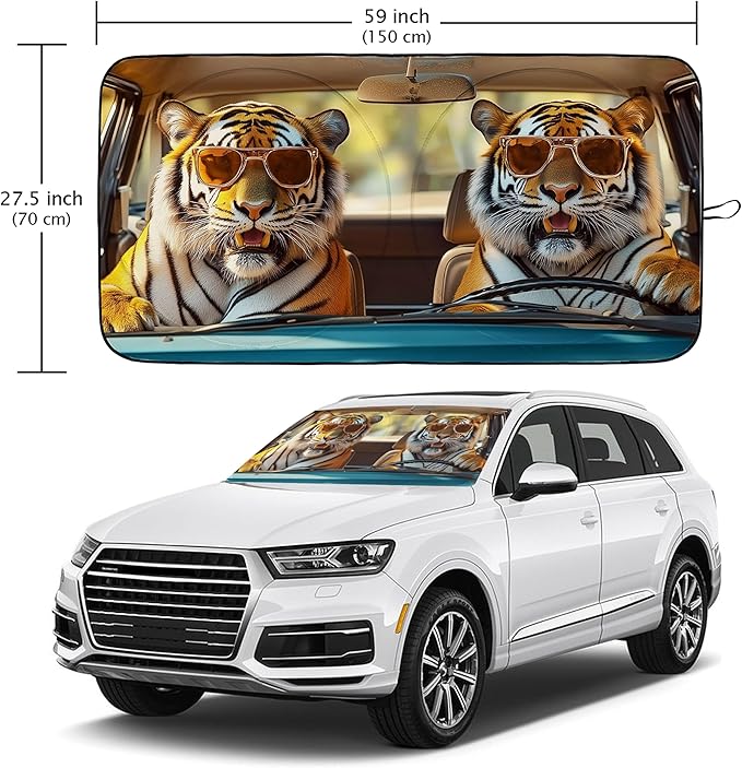 Tiger Car Windshield Sun Shade Foldable Sunshade Front Window Cover Sun Visor Protector Accessories (59x27.5 inches)