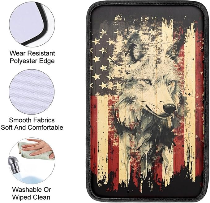 Wolf US Flag Print Car Center Console Armrest Cover,Armrest Cushion Cover Pad, Wolf Print Car Accessories Universal Fit