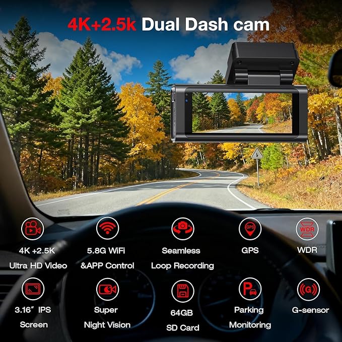 4K+2.5K Dash Cam Front and Rear,GPS,5.8G WiFi, Free 64GB Card Included,Dash Camera for Cars,2-Channel Car Camera,3.16'' IPS Screen,G-Sensor,24H Parking Monitor,Max 256GB