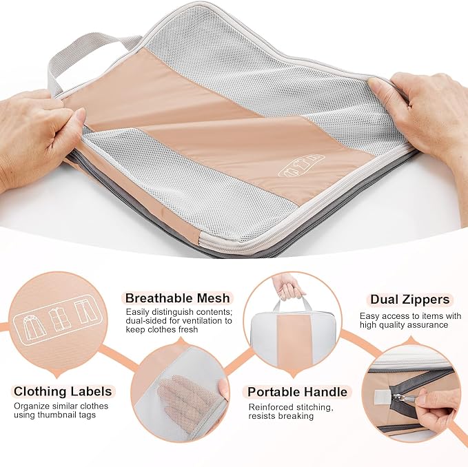 10 Set Compression Packing Cubes for Travel Essentials,Compressible Expandable Packing Cubes for Suitcase,OlarHike Luggage Organizer Bags for Travel,Handy Helper for Organizing Clothes(Gold)