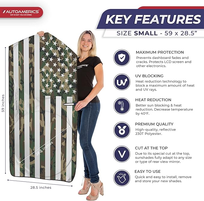 Autoamerics 1-Piece Windshield Sun Shade ERDL Camo American Flag USA Design - Foldable Car Front Window Sunshade for Most Sedans SUV Truck - Blocks Max UV Rays and Keeps Your Vehicle Cool - Small
