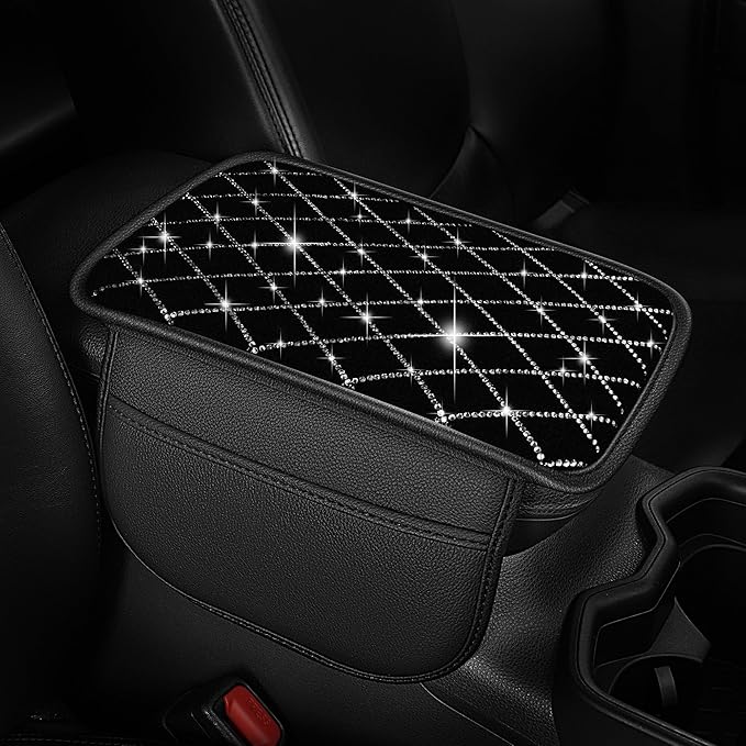 Bling Armrest Cover for Car Compatible with Jeep Grand Cherokee L - Center Console Cover with 2 Storage Pockets and Crystal Diamond(Black)