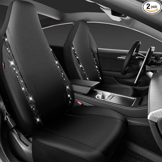 CAR PASS Leather Car Seat Covers High Back Bucket Bling Diamond Front Seats, Waterproof Universal Shining Glitter Crystal Sparkle Fit Model 3 Tesla Model Y, Truck SUV Cute Women Girl, Black Rhinestone
