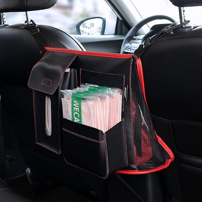 eing Car Net Pocket Handbag Holder Pu Leather Between Seats Back Storage Organizer Purse Holder for Console Front Seat Storage Barrier, Black+Red
