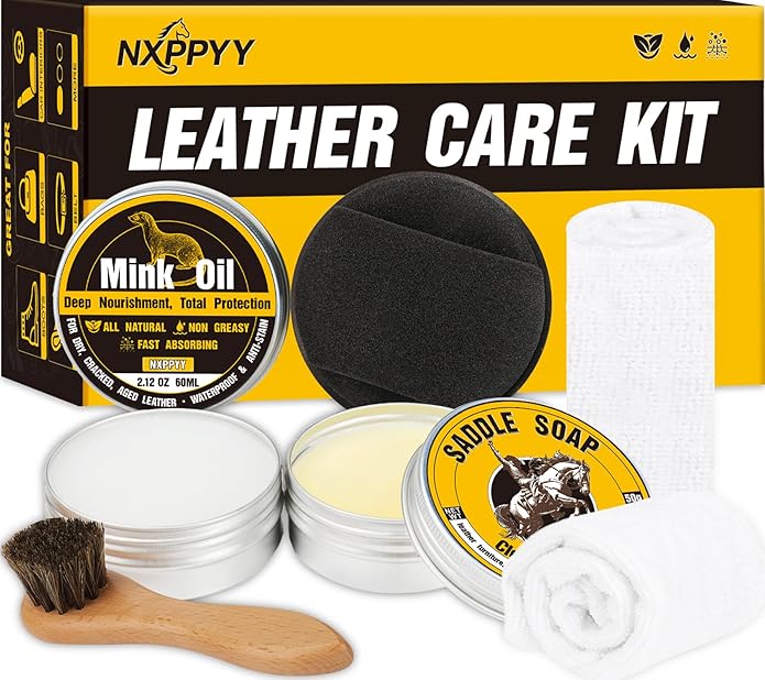 Leather Boot Care Kit, Mink Oil & Saddle Soap for Leather Cleaning & Leather Boots, 6-in-1 Leather Shoe Care Kit, Leather Cleaner and Conditioner for Purses, Shoes, Boots, Couch, Car