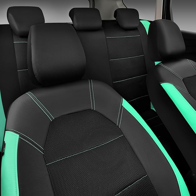 CAR PASS Leather Seat Covers, Breathable Universal Car Seat Cover Full Set for Cute Women Girly,Super 5mm Composite Sponge Inside,Airbag Compatible Fits Most Auto,SUVs,Trucks,Vans(Full Set,Black&Mint)