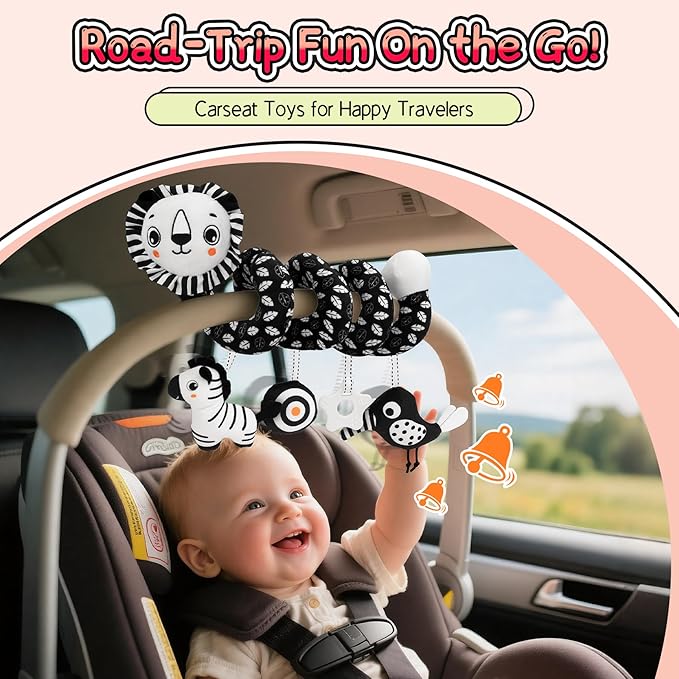FPVERA Car Seat Toys for Babies 0-6 Months: Travel Baby Toy for Soft Hanging Toys for Carseat, Spiral Plush High Contrast Black and White Toy for Boys Girls