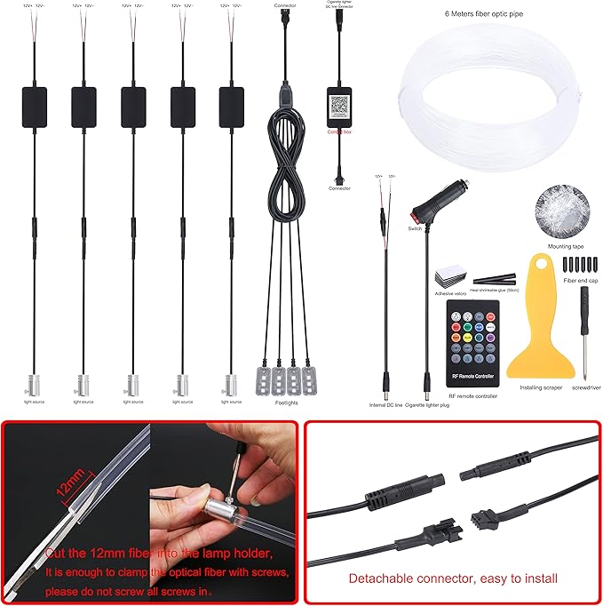64 Colors Car Ambient Lighting Fiber Optic RF Remote + APP Control Multicoloured Music Car Atmosphere Decorative Lighting Kit 1W DC 12V-24V 6m
