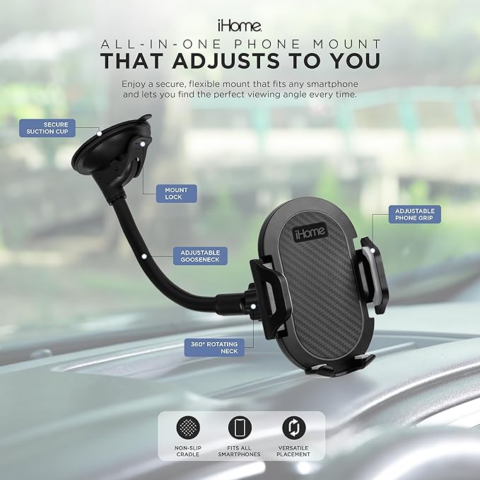 iHome Car Mount, Dashboard/Windshield/Vent Mount, Swivel Neck, Silicone Grip, Adjustable Mount Arm with Suction Cup Base (Gooseneck Car Mount)