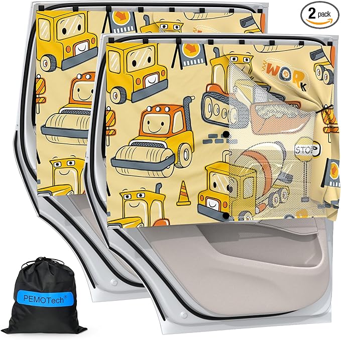 Car Window Shades with 8 Magnets-26.8"x19.7" Car Rear/Side Window Sunshade for Baby Semi-Transparent 2-in-1 Universal Auto Sun Shade for Kid & Pet Protection (2 Pack) Construction Vehicle Cartoon