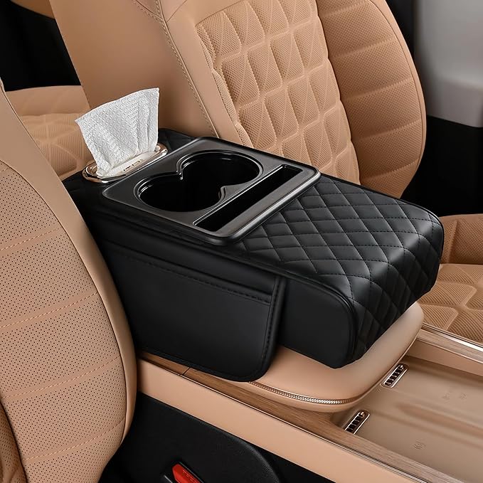 FREESOO Car Center Console Cover, Leather Armrest Cover for Car, Universal Middle Console Cushion with Storage Box, Cup Holder, Tissue Box & Phone Slot, Luxury Waterproof Interior Accessories, Black