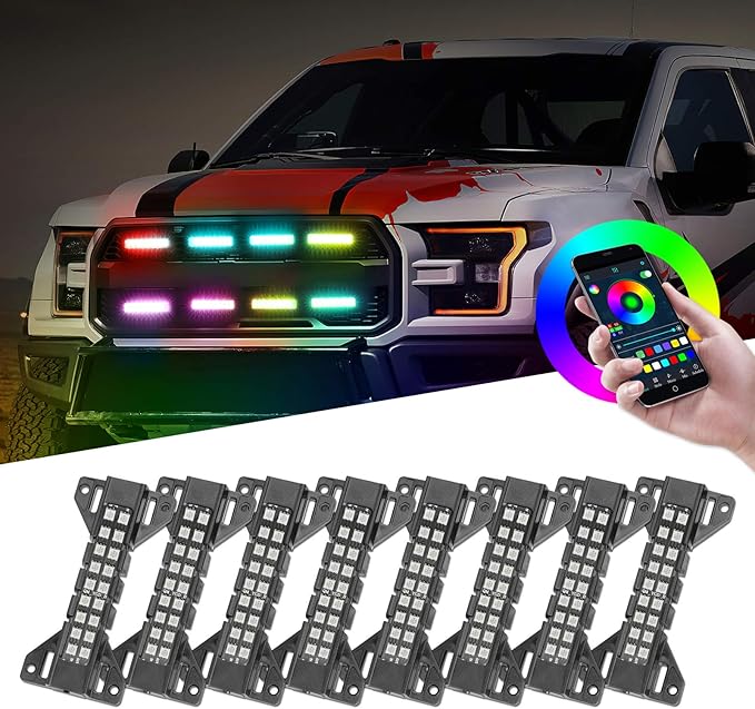 Nirider RGB LED Grille Light Kit Strobe Lights Underglow Rock Light Truck Lights for Tacoma 4Runner GMC Chevy Car SUV ATV UTV Grille Accessories - 8 Pods
