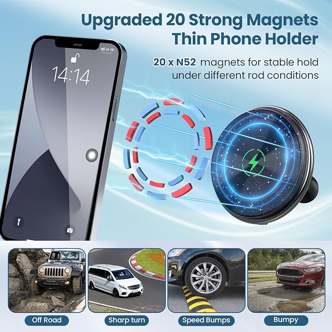 Kaishengyuan Wireless Charger Magnetic Vent Phone Mount Compatible with Jeep Wrangler JL 2018-2023 & Gladiator JT 2020-2023, 360° Rotation Air Vent Cell Phone Holder Cradles Fit for All Smartphone