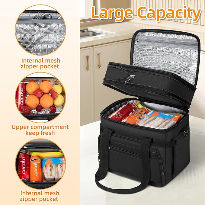 Insulated Lunch Box for Men & Women - Double Layer Leakproof Lunch Bag with Adjustable Shoulder Strap, Expandable Food Cooler for Work, Office, Travel, Camping (Black)
