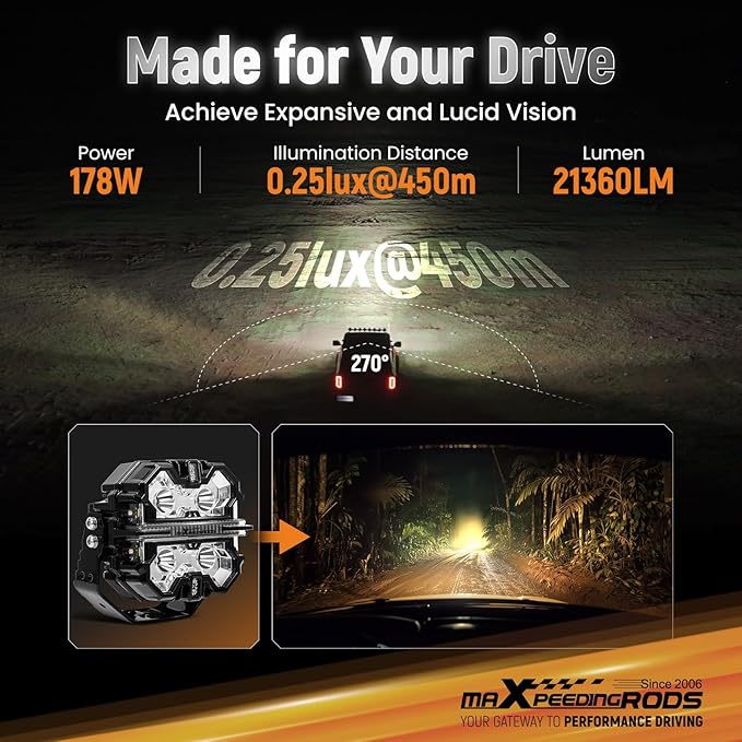 maXpeedingrods 5" 178W LED Off Road Lights, 21360LM Bright Pod Lights with Amber/White DRL 3 Modes, 270°Side Shooter for Wrangler Trucks Jeep Pickup ATV Motorcycles,Cube Ditch Light with Black Covers
