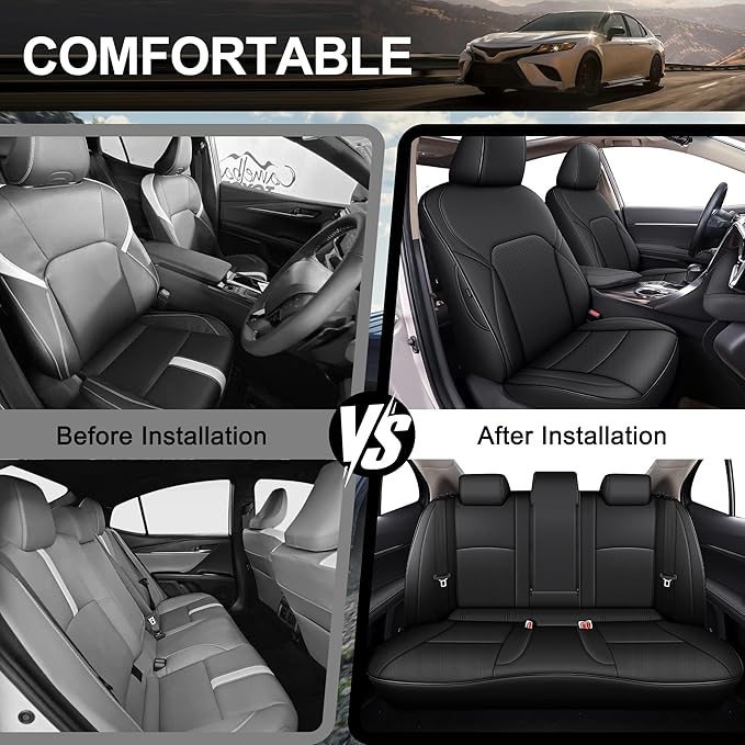 AOMSAZTO Custom Fit Seat Covers for Toyota Camry 2025 2026 LE SE Waterproof Truck Seat Cushion Protectors, Full Set Faux Leather (Black,Camry LE SE)