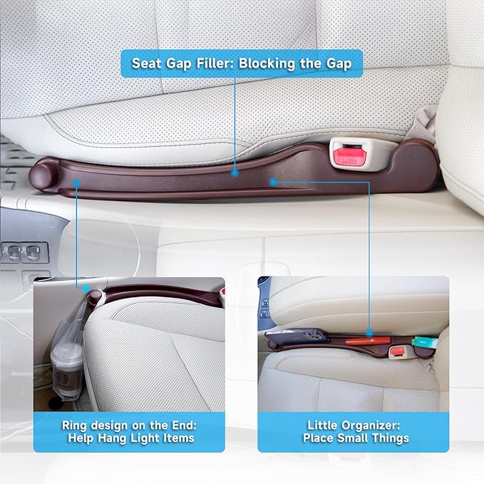Car Seat Gap Filler Set of 2, 3IN1 Seat Side Gap Filler Plug with Storage Slot & Hook Function, Soft Foam Universal Fit Car SUV Truck Fill Gap Between Seats Console Organizer（Narrow Deep Brown）