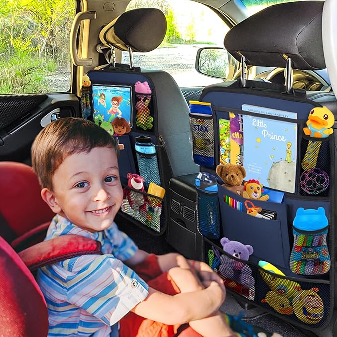 ULEEKA Car Backseat Organizer with 11" Table Holder, 10 Storage Pockets Seat Back Protectors Kick Mats for Kids Toddlers, Travel Accessories, 2 Pack, Blue
