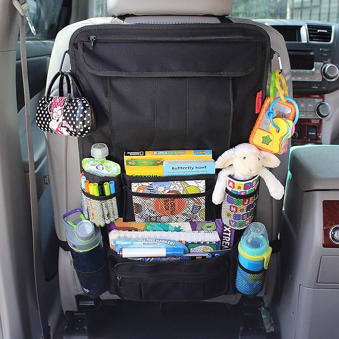 Lusso Gear Heavy Duty Back Seat Car Organizer Extra Large for Powerful Protection, Sag Proof & Reinforced Corners, Protects iPad & Backseat, 12 Versatile Car Seat Organizer Storage Compartments, (Tan)