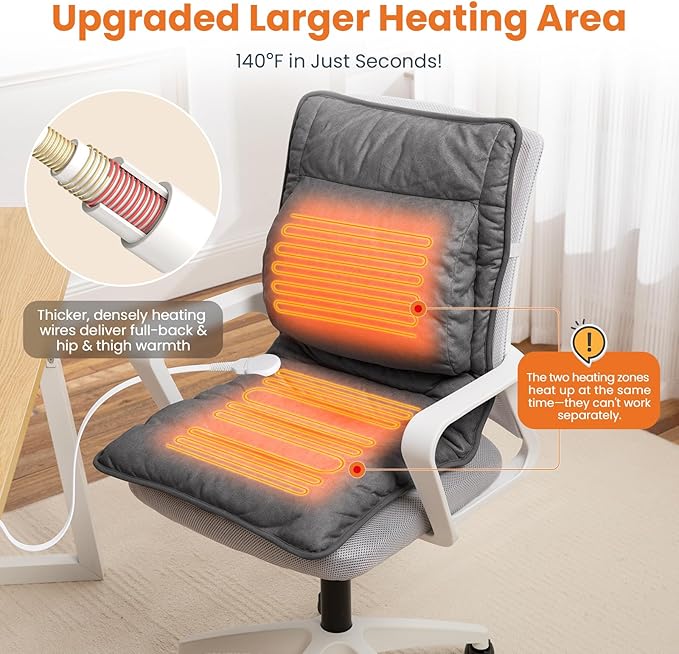 Heated Seat Cushion with Lumbar Support for Office, Heated Seat Cover Pain Relief for Long Sitting, Seat Warmer for Back, Lumbar, Hip, Thigh, Universal Fit, Auto Shut Off, 3 Heat Levels, Dark