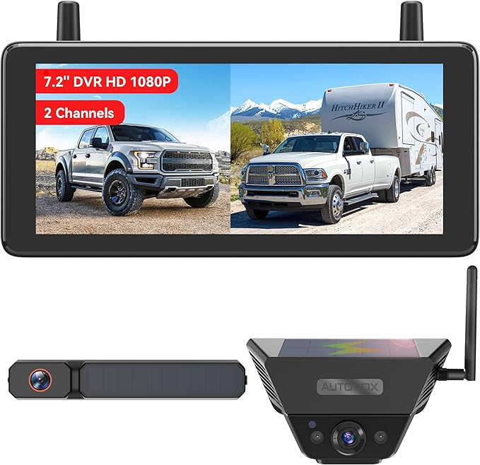 AUTO-VOX 2 Solar Wireless Backup Camera System: 7.2” 1080P HD Monitor, 3-Min Quick Installation for Wider Rear & Trailer View, IP69K Waterproof Back Up Camera for Truck, RV, Camper, Horse/Boat Trailer