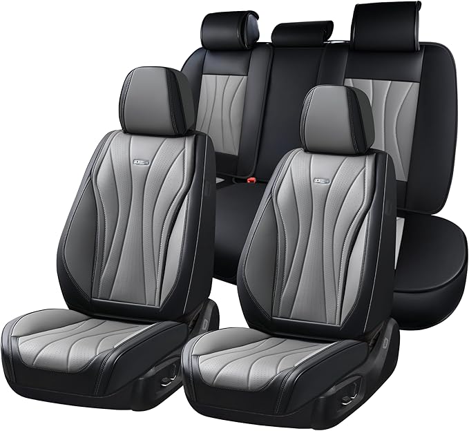 Coverado Car Seat Covers, 5 Seat Front and Back Seat Covers, Waterproof Seat Cover Full Set, Leather Seat Cover for Cars, Car Seat Protector, Car Seat Cushion Universal Fit for Most Cars (Black&Gray)