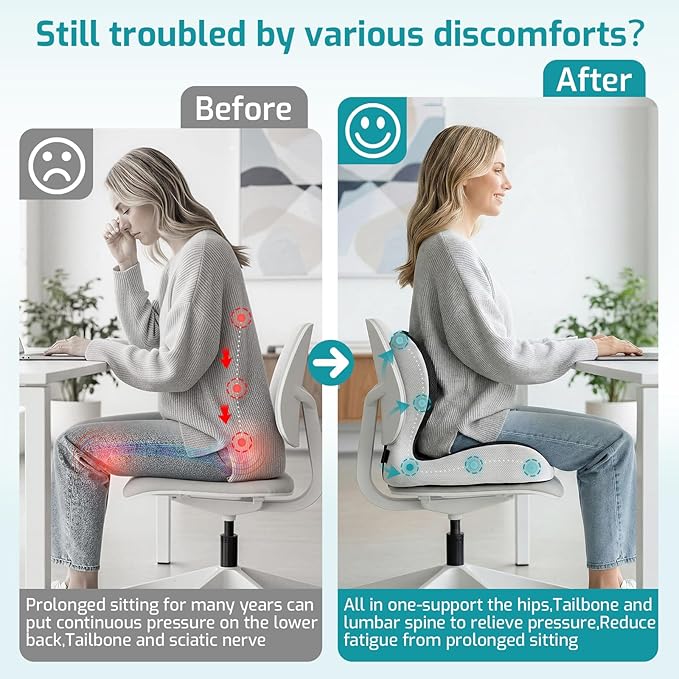 Ergonomic Seat Cushion,Office Chair Cushion with Lumbar Support Pillow,Car Orthopedic Seat Cushions,Designed for Sciatica,Tailbone,Back Pain Relief,for Office,Car,Truck,Home,Desk Chair