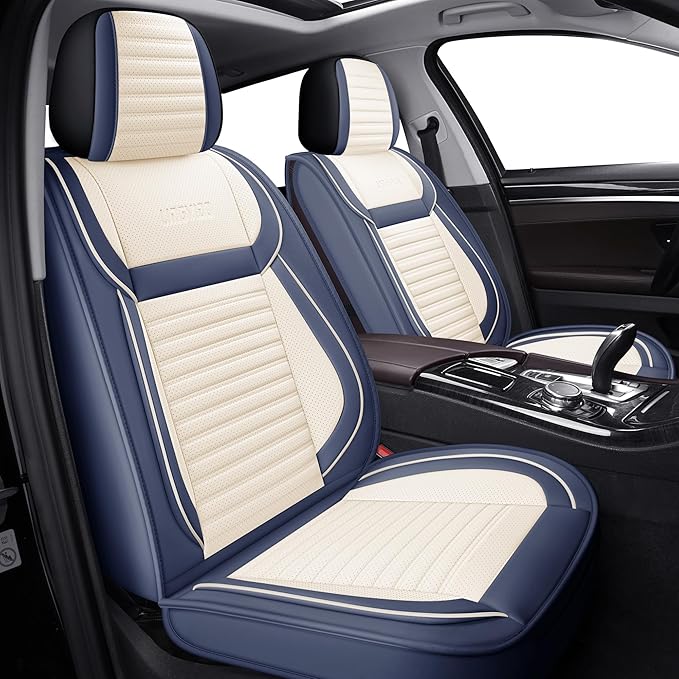 LINGVIDO Full Set Car Seat Covers, Faux Nappa Leather, Airbag Compatible and Waterproof Protectors for Sedans SUVs, Breathable Interior for Active Families, Pets, and Commuters (5 Seats, White/Blue)
