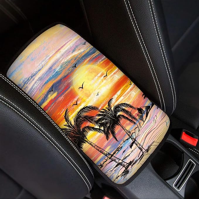 Dreaweet Sunset Palm Tree Car Armrest Cover Hawaiian Car Accessories for Women Interior,Universal Armrest Cover for Car Center Console
