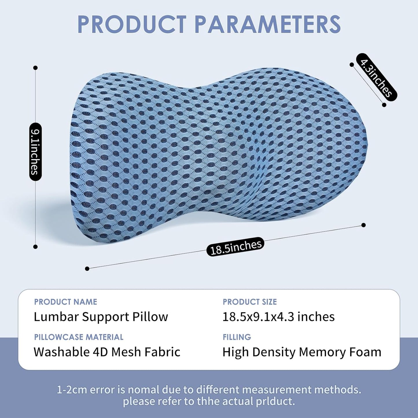 Lumbar Support Pillow Ergonomic Memory Foam, Relieve Back Pain, CMFY Breathable & Detachable & Washable, Perfect for Office Chairs, Car Seats, Beds (Blue)
