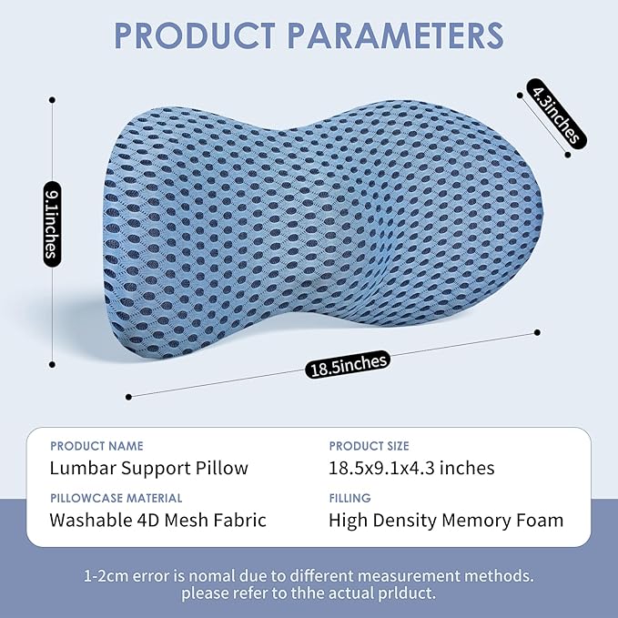 Lumbar Support Pillow, Memory Foam Lumbar Pillow for Lower Back Pain Relief, Back Support Pillow for Office Chair, Car Seat - Blue